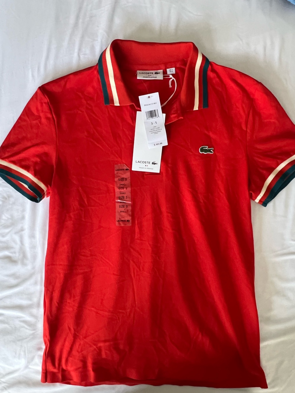 Men’s Small NWT Lacoste Red Polo with Contrast Stripe Trim
